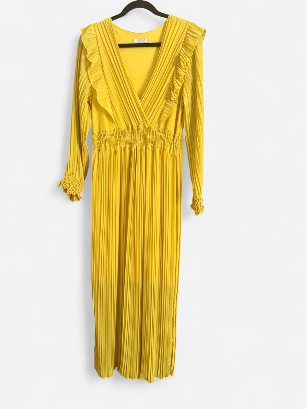 Yellow Pleated Maxi Dress with Ruffle V-Neck